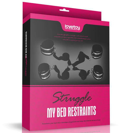 Velcro Bed Restraints Adjustable packaging with black and pink design, featuring secure cuffs for intimate play.