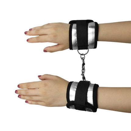 Velcro Handcuffs Black and Silver for comfortable bondage play with neoprene and cotton material.