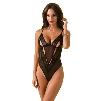 Model wearing Vendi Body Black with floral lace and semi-transparent mesh design.
