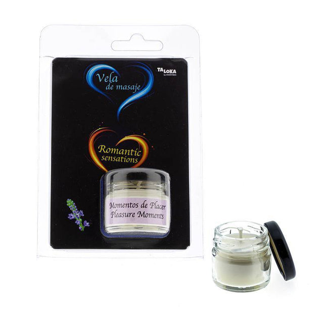 Verbena Scented Exotic Massage Candle 30 ml with packaging showing lavender design for romantic moments.