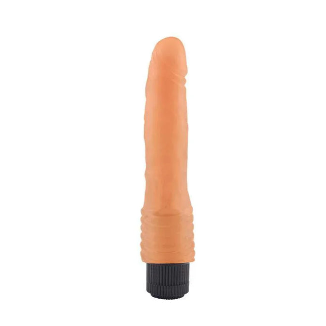 Vibe 8.8 Flesh vibrator with soft natural PVC material, designed for versatile stimulation and comfort, uses 2 AA batteries.