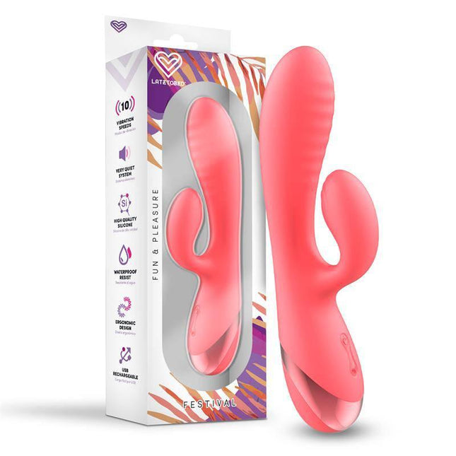 Vibe Almor USB Pink vibrator with clitoral stimulator, ergonomic shape, 10 vibration functions, and discreet design.