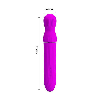 Vibe and Rotator Abraham Purple dual-action vibrator with dimensions, featuring premium silicone and 12 vibration functions.