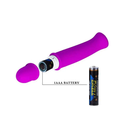 Vibe Antony Purple vibrator with 10 functions, 12 cm design, showing battery compartment and 1 AAA battery included.