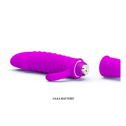 Vibe Arnd Purple vibrator for G-spot stimulation with 10 vibration functions, shown with AAA battery compartment open.