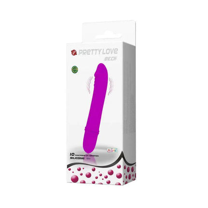 Vibe Beck Purple luxury silicone vibrator in packaging, designed for dual-action G-spot and clitoral stimulation, in purple color.