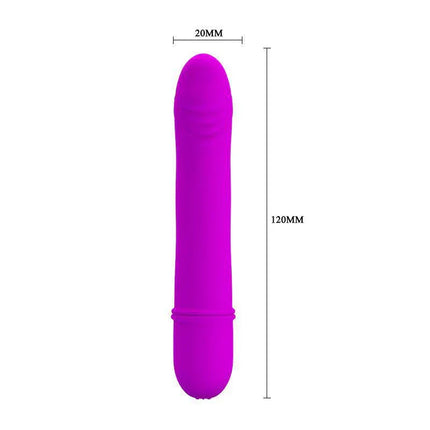 Vibe Beck Purple luxury silicone vibrator with dual-action design, 12 cm long and 2 cm diameter, body-safe silicone in purple color.