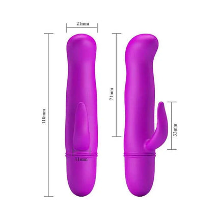 Vibe Blithe Purple G-spot Vibrator with measurements, featuring a curved design for targeted stimulation and intimate pleasure.