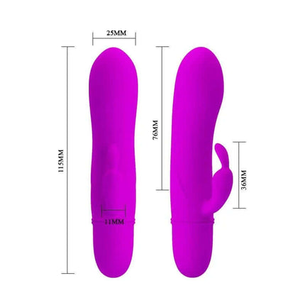 Vibe Caesar Purple vibrator with measurements, featuring G-spot stimulation and 10 vibration functions, waterproof design.
