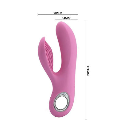 Vibe Canrol USB Silicone Soft Pink ergonomic G-spot stimulator with seven vibration functions and five speeds, dimensions shown.