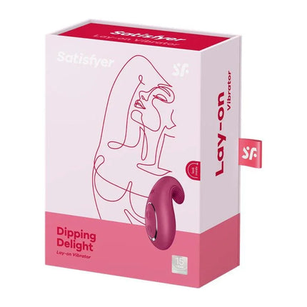 Image of Vibe Dipping Delight Berry packaging, featuring a pink clitoral stimulator with 12 vibration programs for intense pleasure.