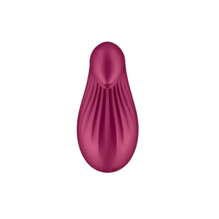 Vibe Dipping Delight Berry stimulator with curved tip for clitoral and vulva pleasure, featuring 12 vibration programs and two powerful motors.