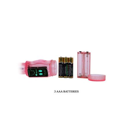 Image of Vibe Distortion Pink packaging with 3 AAA batteries included for powering flexible vibration functions.