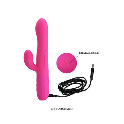 Vibe Douglas Inflatable Function dual-motor vibrator in pink with charging cable, featuring 7 vibration functions for customizable pleasure.