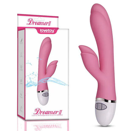 Vibe Dreamer II USB Pink dual-motor silicone vibrator with packaging