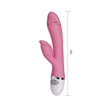 Vibe Dreamer II USB Pink premium silicone vibrator with dual motors, shown with measurements for optimal pleasure.