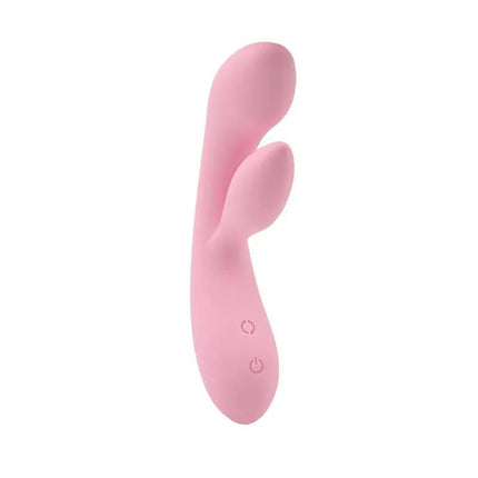 Vibe Dual Fulfill Bunny pink vibrator with ergonomic curves and 10 customizable vibration modes for intense pleasure.