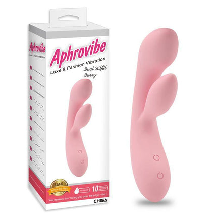 Vibe Dual Fulfill Bunny versatile pink vibrator with ergonomic curves and 10 vibration modes shown with packaging.