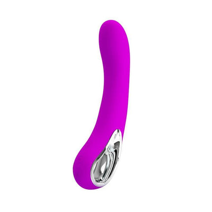 Vibe Elmer Pink USB-rechargeable vibrator with 12 functions, ergonomic design, and sleek chrome accents.