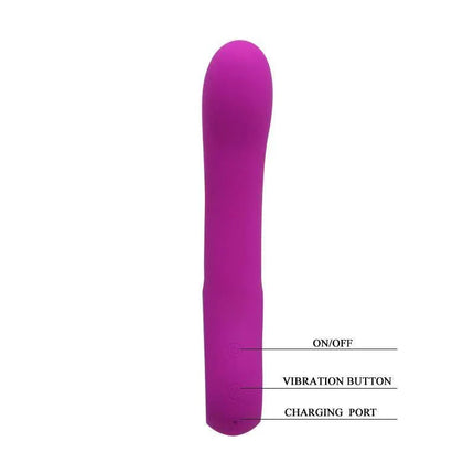 Vibe Elmer Pink USB-rechargeable vibrator with 12 functions, shown with labeled on/off, vibration button, and charging port.