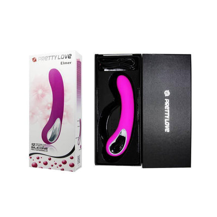 Vibe Elmer Pink USB-rechargeable vibrator with versatile 12 functions in packaging, designed in the USA for quality performance.