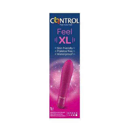 Vibe Feel XL 5 Functions vibrator packaging showcasing waterproof and phthalate-free features, emphasizing maximum pleasure and XL size.