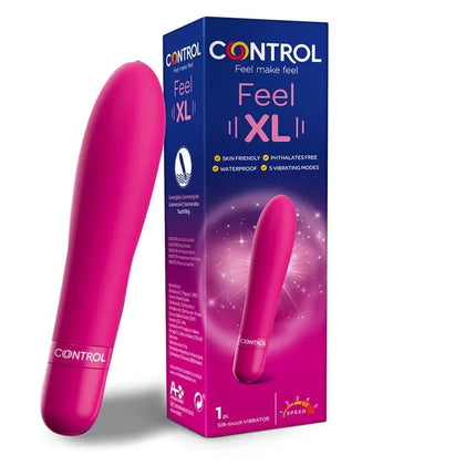 Vibe Feel XL 5 Functions vaginal vibrator with packaging, featuring 5 vibration modes, XL size, skin-friendly and waterproof design.
