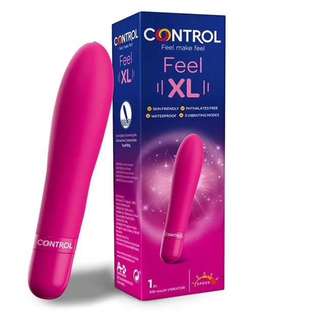 Vibe Feel XL 5 Functions vaginal vibrator with packaging, featuring 5 vibration modes, XL size, skin-friendly and waterproof design.