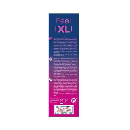 Product packaging of Vibe Feel XL 5 Functions vibrator featuring multilingual text and barcodes, highlighting its XL size and features.