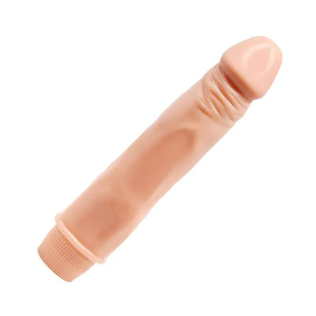 Vibe Flesh 21.5 cm vibrator with veined texture and multi-vibration modes for beginners; 21.5 cm length, 4 cm diameter.