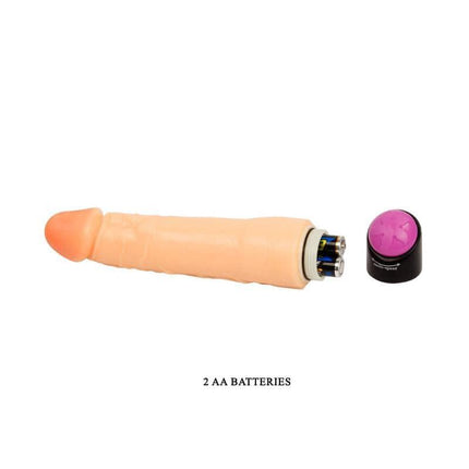 Vibe Flesh 25 cm vibrator with removable cap and 2 AA batteries for optimized G-spot and P-spot stimulation.