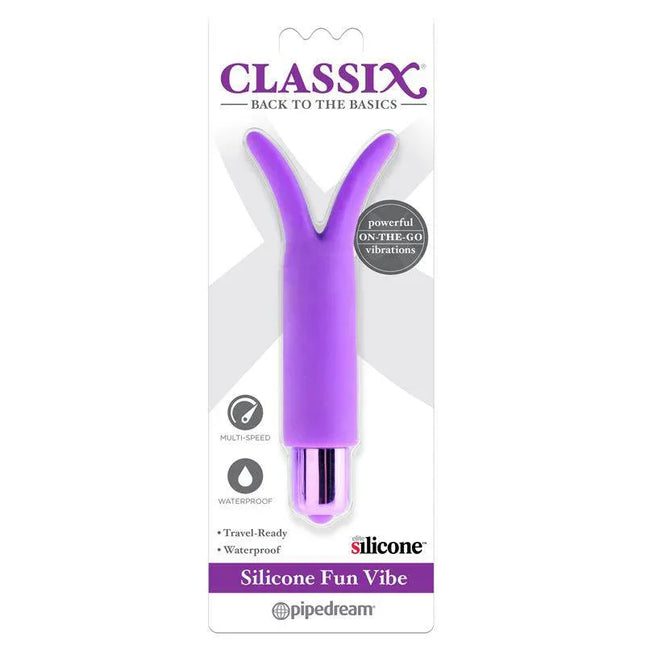 Classix Silicone Fun Vibe in purple with waterproof and multi-speed features, ideal for travel-friendly, satisfying stimulation.