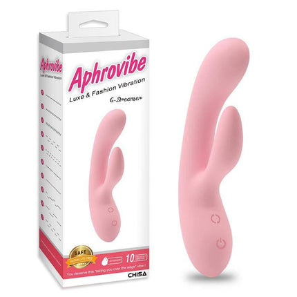 Pink Vibe G-Dreamer Silicone vibrator with ergonomic design and packaging showing features including 10 vibration functions.