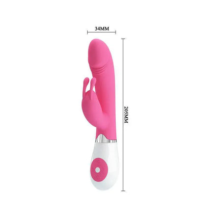 Vibe Gene Pink dual G-spot and clitoral vibrator in pink, showing dimensions, crafted from body-safe silicone for comfort and extended play.