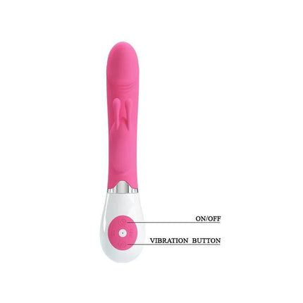 Vibe Gene Pink dual G-spot and clitoral vibrator with flexible silicone design and vibration button, designed for quality and comfort.