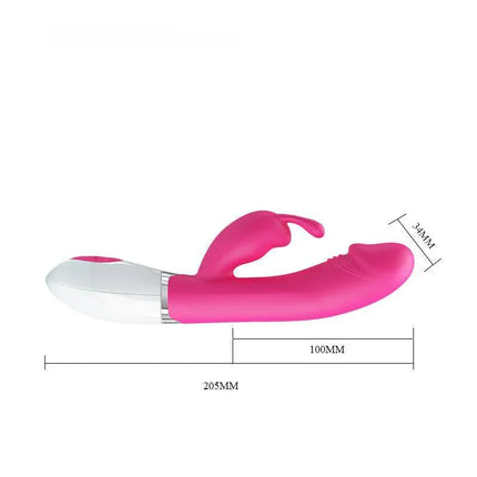 Vibe Gene with Voice Control Pink G-spot vibrator with 30 vibration functions and precise design, featuring detailed dimensions.