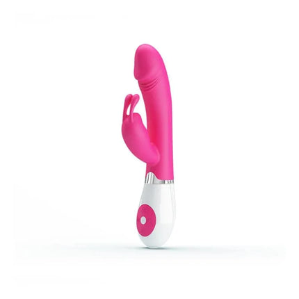 Vibe Gene with Voice Control Pink G-spot vibrator with contoured design and rabbit attachment for targeted stimulation.