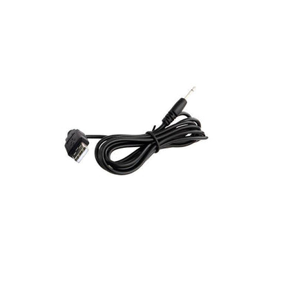 Black USB to 3.5mm audio cable adapter on white background.