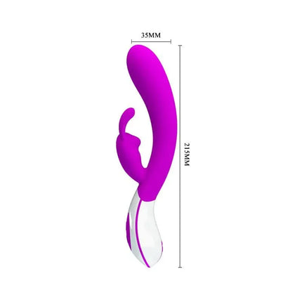 Vibe Harlan Purple vibrator with 12 functions, designed for G-spot and clitoris stimulation, shown in vibrant purple color with measurements.