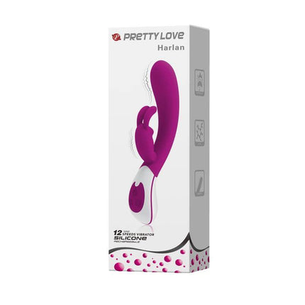 Vibe Harlan Purple vibrator with 12 functions for G-spot and clitoral stimulation in packaging, designed in the USA.
