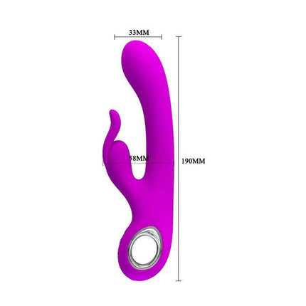Vibe Hot Rabbit Purple vibrator with dimensions, crafted in soft silicone, designed for targeted external pleasure and customizable vibration.