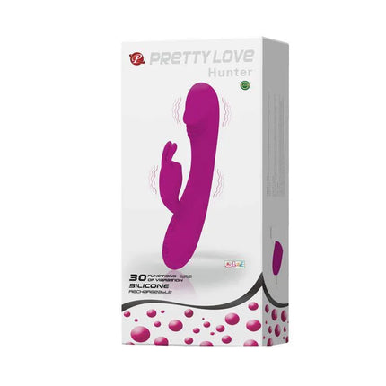 Vibe Hunter Purple silicone vibrator with G-spot and clitoral stimulator, premium body-safe material, product packaging 30 functions.
