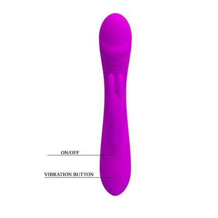 Vibe Hunter Purple silicone vibrator with G-spot targeting design and clitoral stimulator, featuring on/off and vibration buttons.