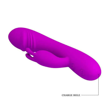 Vibe Hunter Purple silicone vibrator with G-spot and clitoral stimulator, shown in a vibrant purple color with charge hole detail.