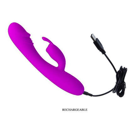 Vibe Hunter Purple vibrator with curved G-spot design and clitoral stimulator, rechargeable with USB cable, body-safe silicone.
