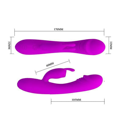 Vibe Hunter Purple silicone vibrator with G-spot targeting and clitoral stimulator in purple, shown with measurements and curved design.