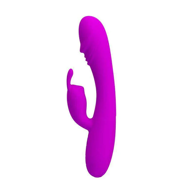 Vibe Hunter Purple vibrator with curved G-spot design and clitoral stimulator, made from body-safe silicone, in bright purple color.