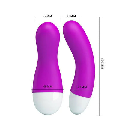 Vibe Ian Pink curved silicone G-spot vibrator shown with dimensions for precise stimulation.