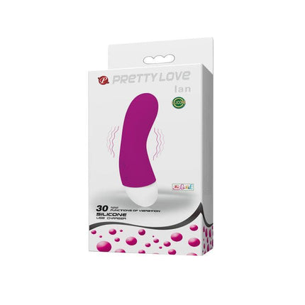Packaging of Vibe Ian Pink, 30-function curved silicone G-spot vibrator, featuring soft grip and precise control