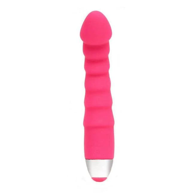 Vibe Palma Pink ribbed vibrator in a bright pink color made from soft silicone, offering luxurious tactile experience with easy maintenance.